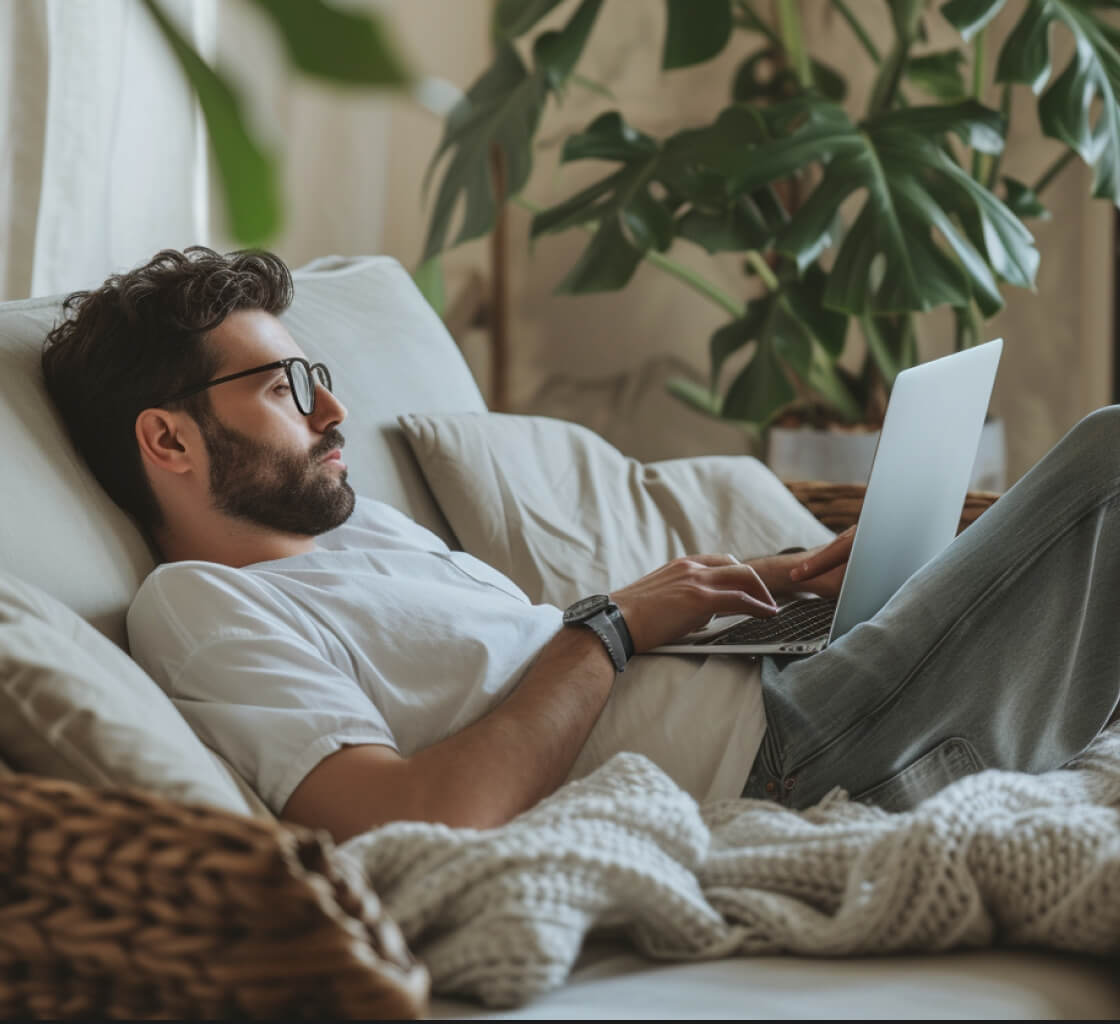 A brunette man laying on the couch on his laptop.