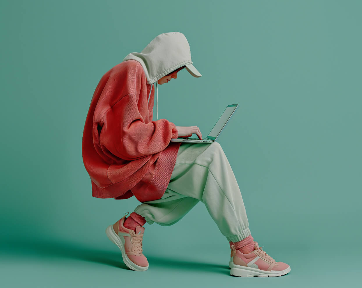 A man in a red hoodie slumped over working on his computer.