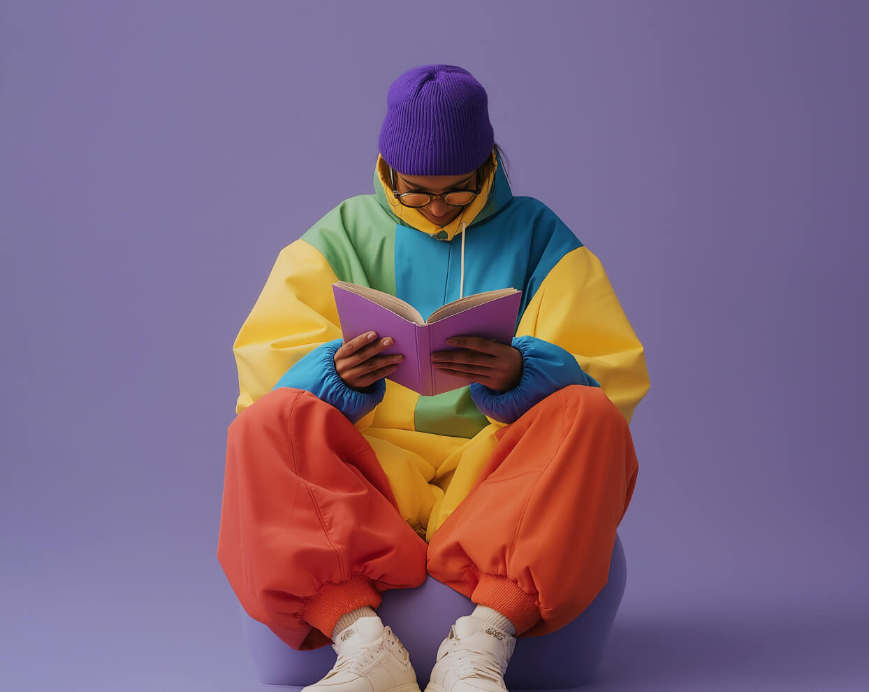 A person in a purple hoodie with a multi-colored sweatshirt reading a pink book.