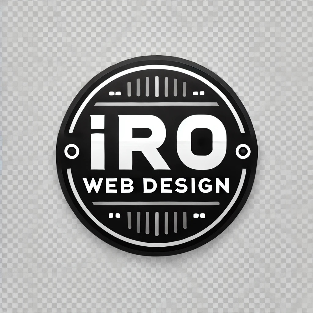 A gray background with a black circle with the words "Iro Web Design" enclosed within. 