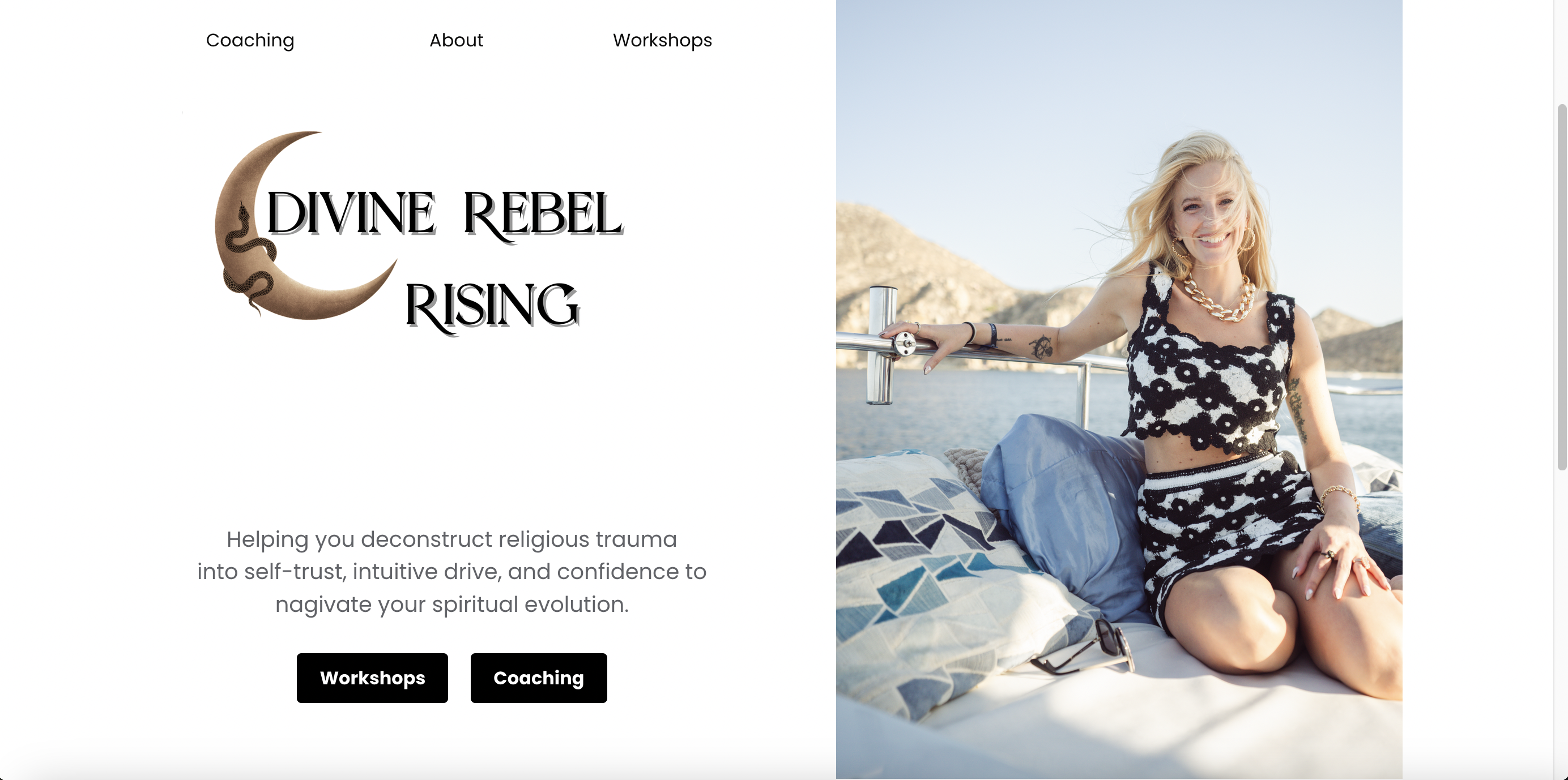 A website of a company called "Divine Rebel Rising" with a lady smiling in a black and white top and skirt while on a yacht.